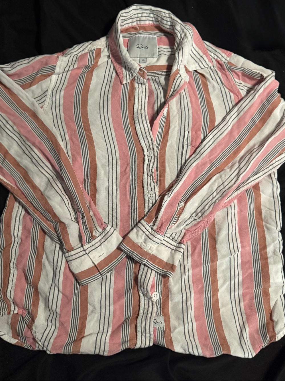 Rails Striped Button Down Shirt Women’s XS Pink Rust Ivory Long Sleeve Coastal
